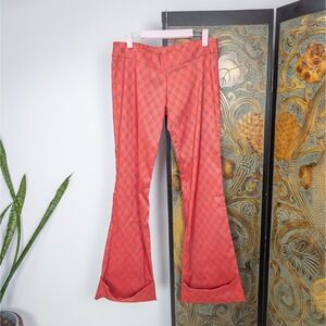 Y2K Red Jacquard Flare Pants - Plaid Fold Cuff Vintage Patterned Trousers Medium